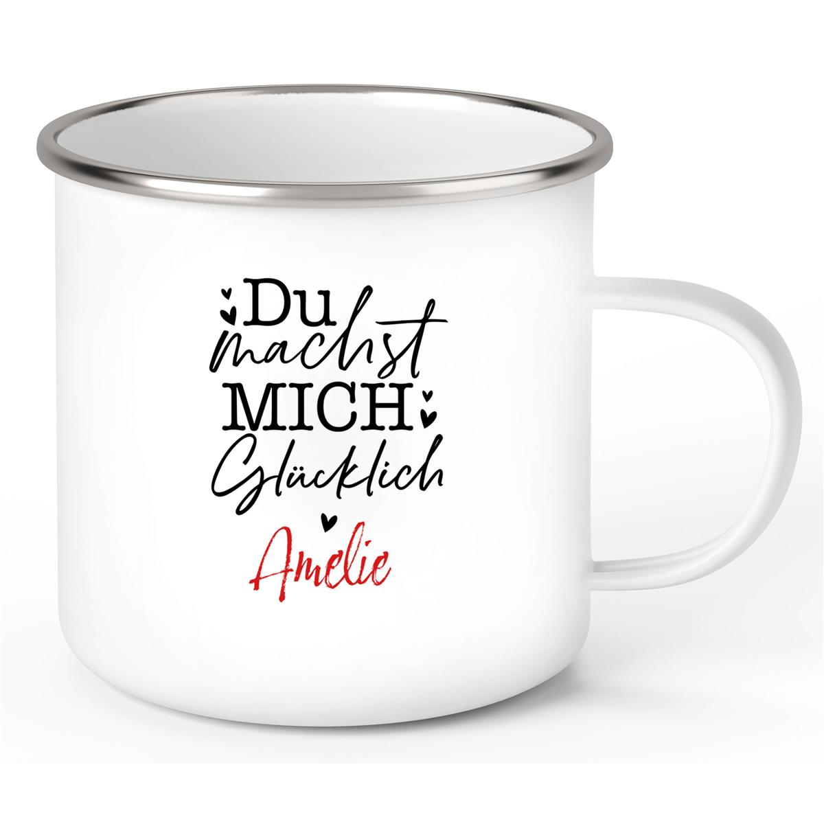 Tasse Liebe - Spruch "Du machst mich glücklich" Valentinstag Wunschnamen Emaille personalisiert