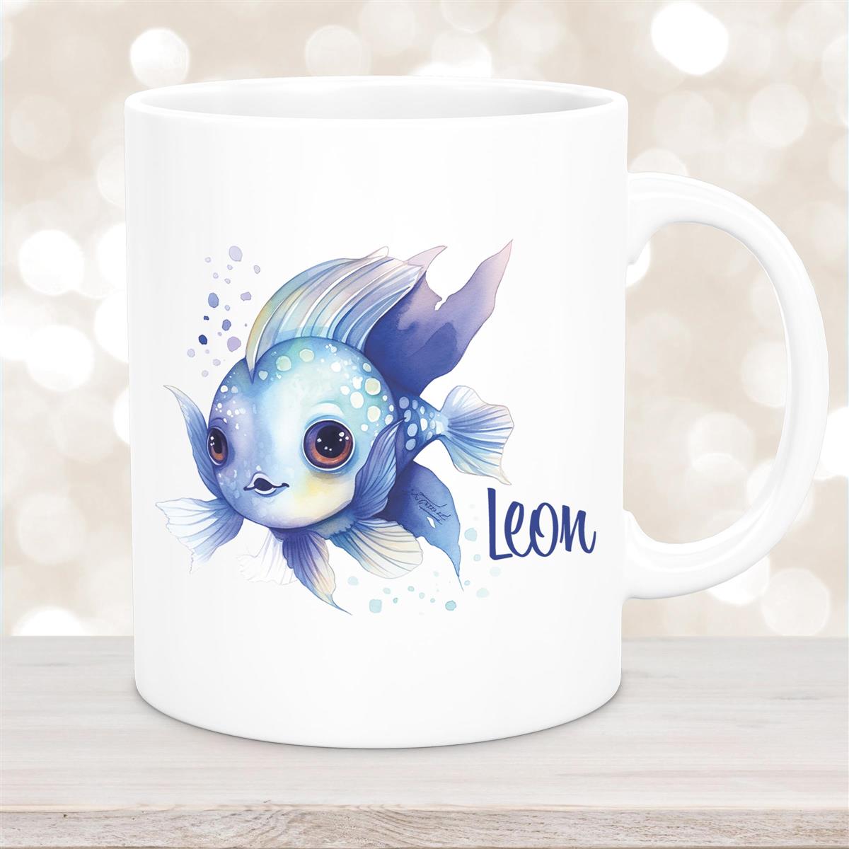 Tasse Wunschname Meerestiere-Fisch #2 Keramik Kinderbecher Weiß