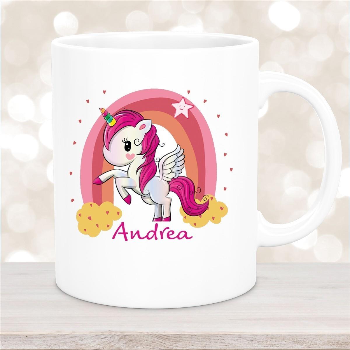 Tasse Wunschname Regenbogen-Einhorn Keramik Kinderbecher personalisiert versch. Farben