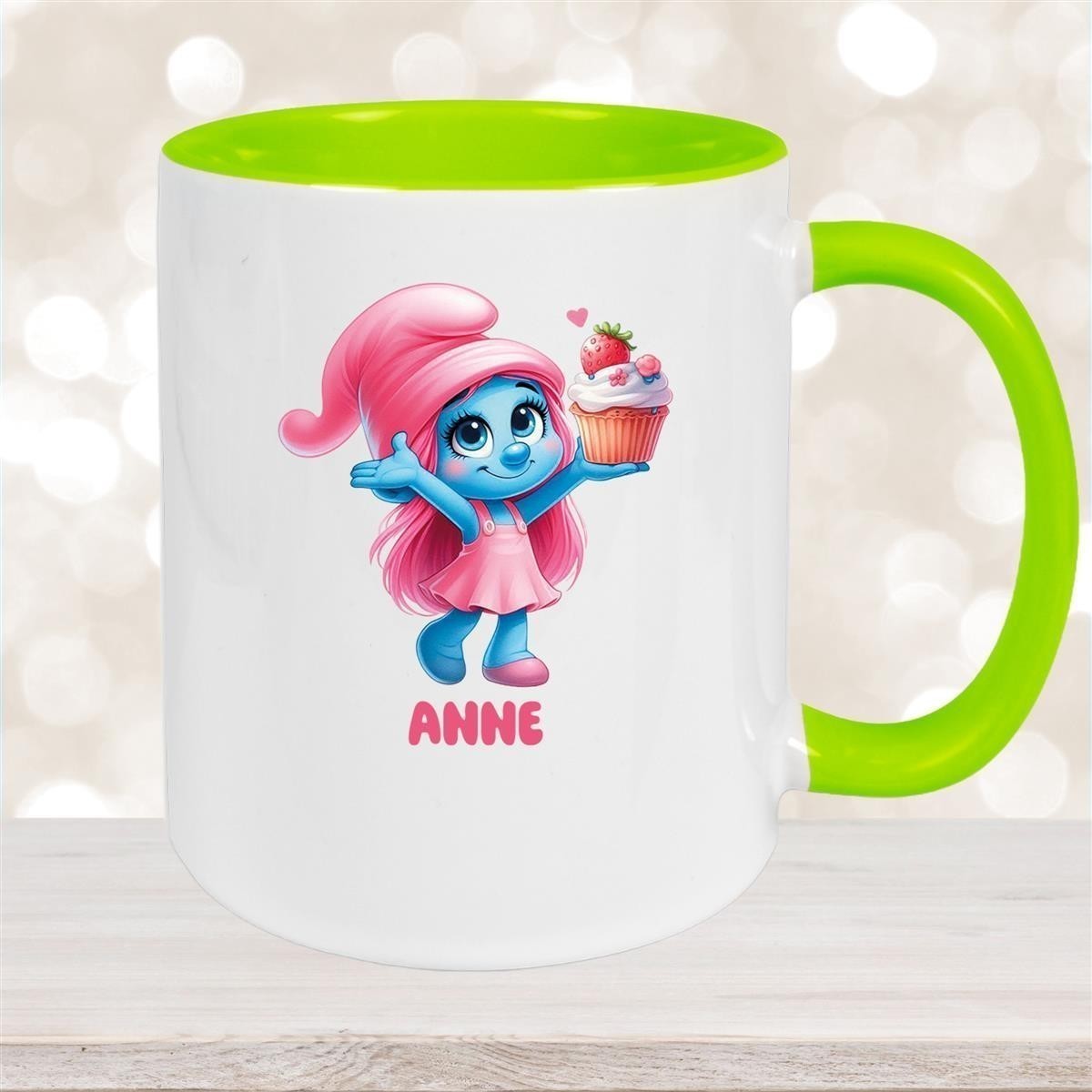 Tasse Kinder Schlumpf #2 mit Muffin Wunschname Keramik Kinderbecher personalisiert versch. Farben
