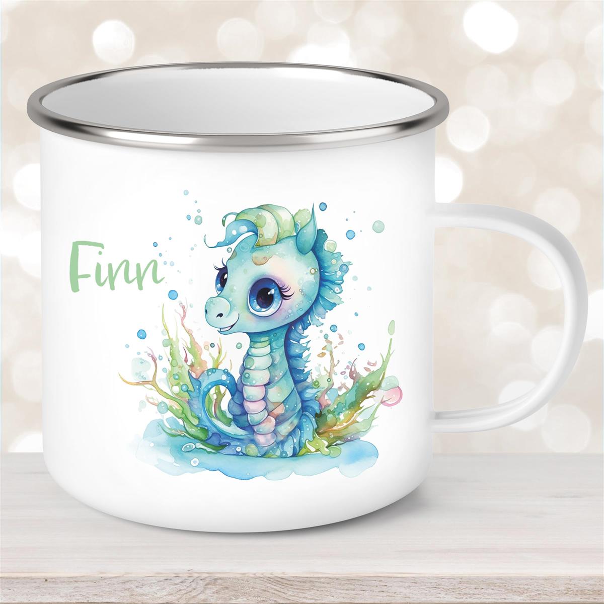 Tasse Wunschname Meerestiere-Seepferdchen #1 Emaille Kinderbecher