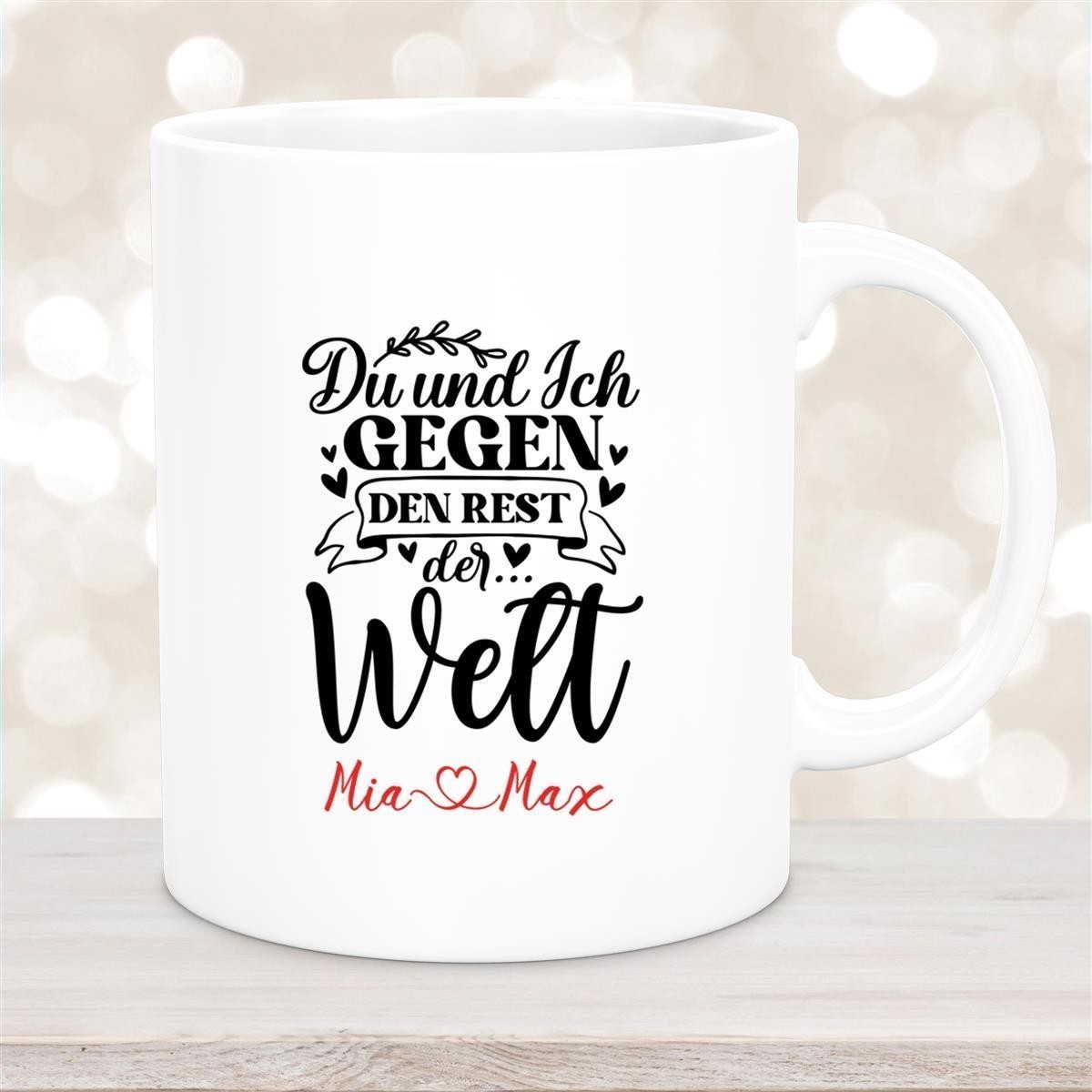 Tasse Liebe - Spruch "Du und Ich, gegen den Rest der Welt" Valentinstag Wunschnamen Keramik personalisiert Weiß Tasse Liebe - Spruch "Du und Ich, gegen den Rest der Welt" Valentinstag Wunschnamen Keramik personalisiert Weiß