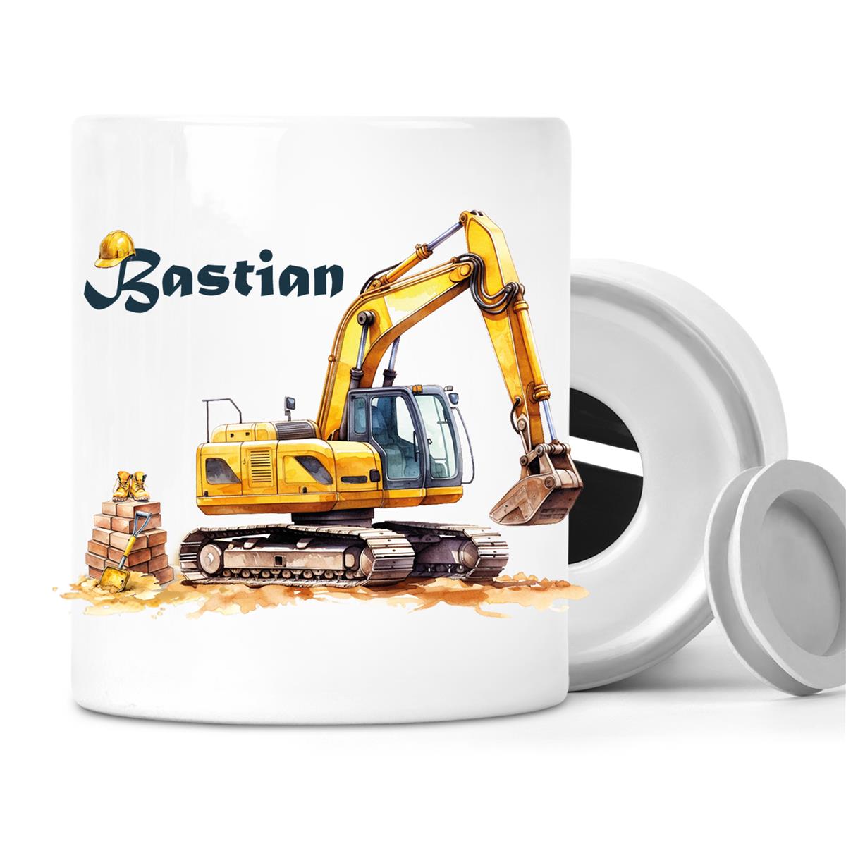 Spardose mit Wunschname Baustelle Bagger 1 personalisiert