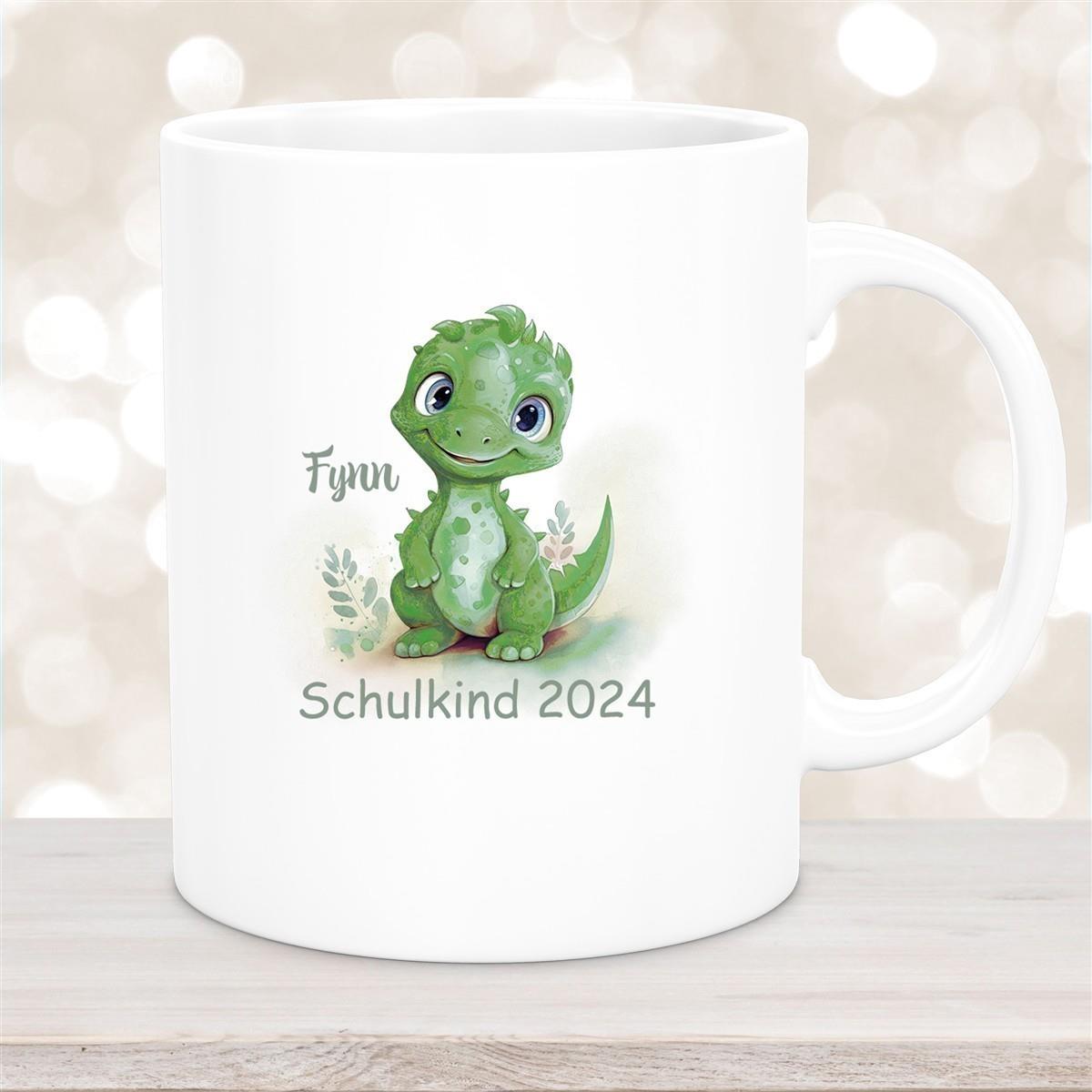 Tasse Schulkind 11 Wunschname Dino 2 Keramik Kinderbecher Personalisiert versch. Farben