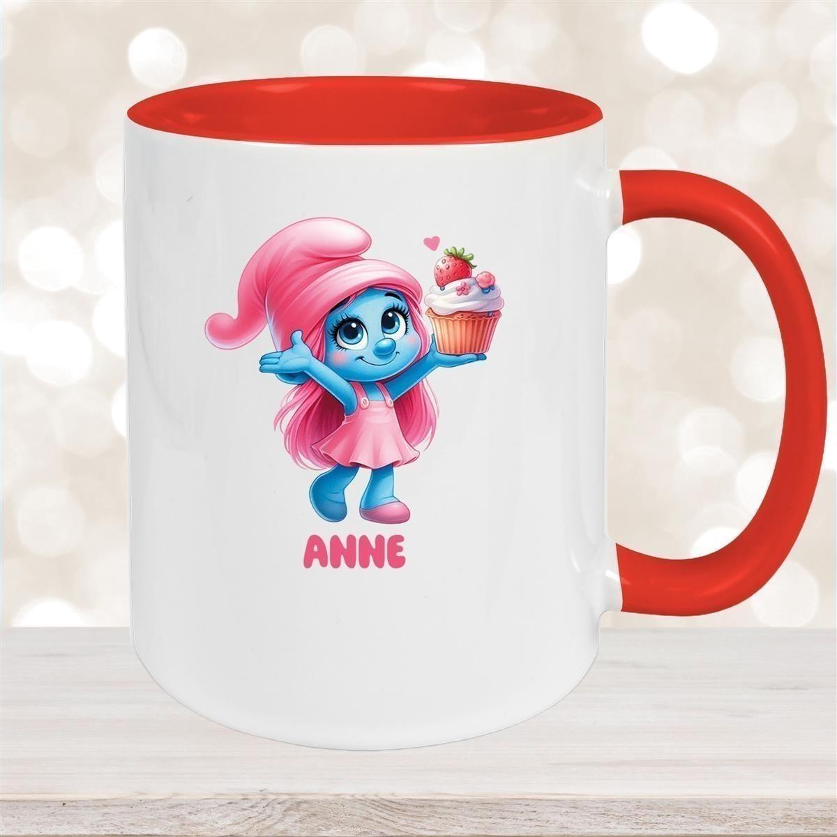 Tasse Kinder Schlumpf 2 mit Muffin Wunschname Keramik Kinderbecher personalisiert versch. Farben