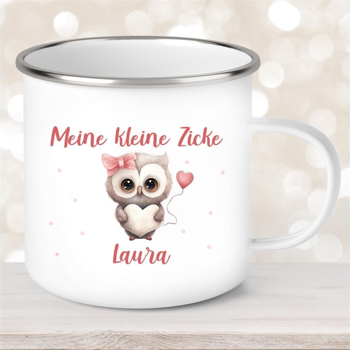 Tasse Liebe - Eule Valentinstag Wunschnamen Emaille personalisiert Tasse Liebe - Eule Valentinstag Wunschnamen Emaille personalisiert