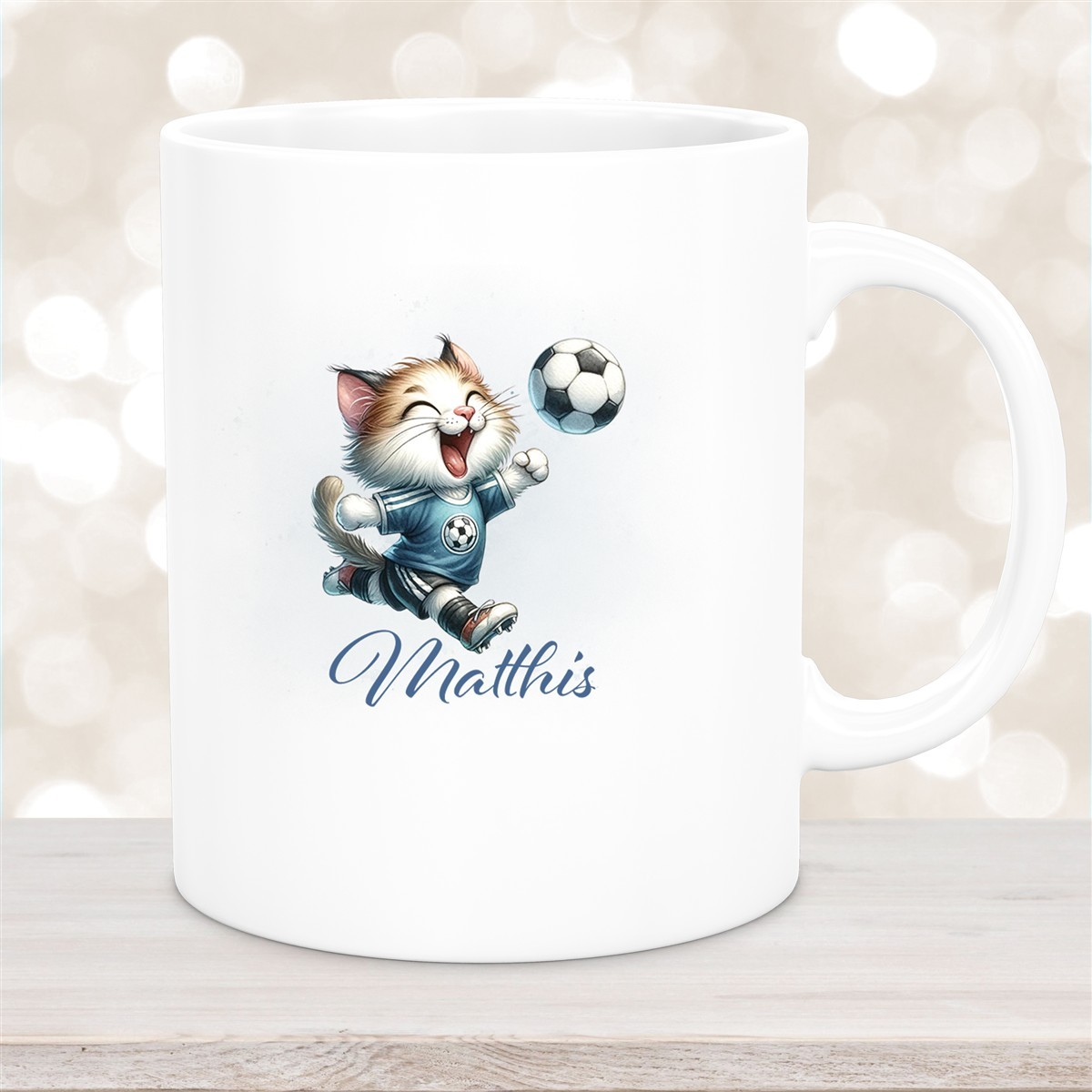 Tasse Wunschname Fußball #18 Personalisiert Katze Keramik Kinderbecher Weiß