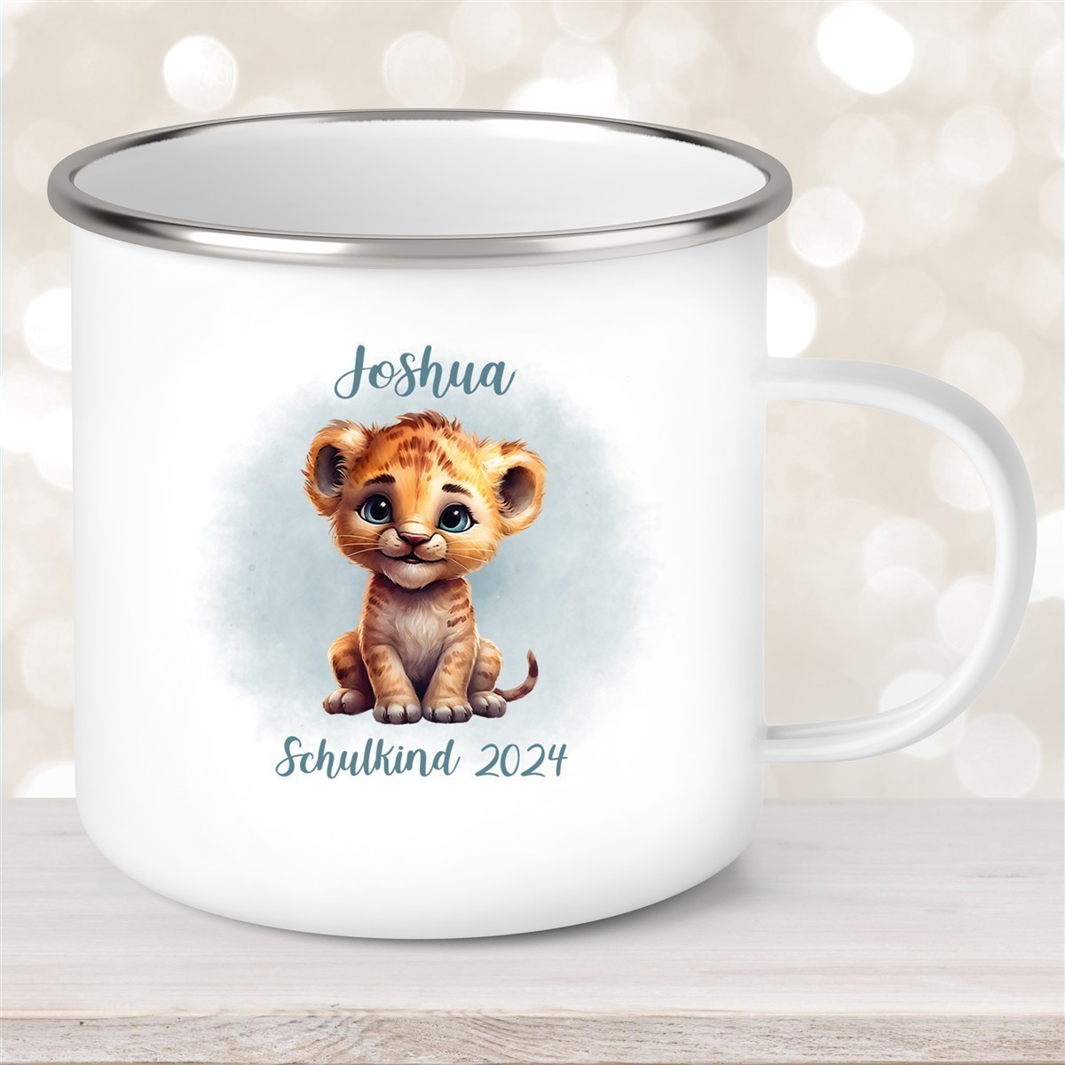 Tasse Schulkind #07 Wunschname Tiger #1 Emaille Kinderbecher Personalisiert