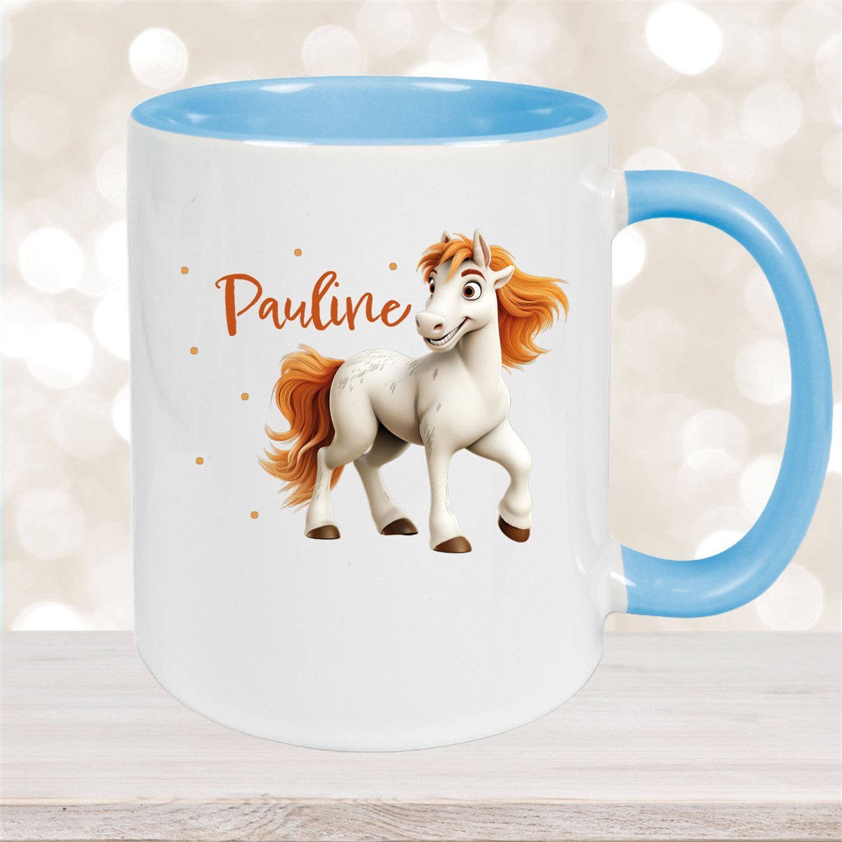 Tasse Pferd #1 Wunschname Keramik Kinderbecher personalisiert Hellblau