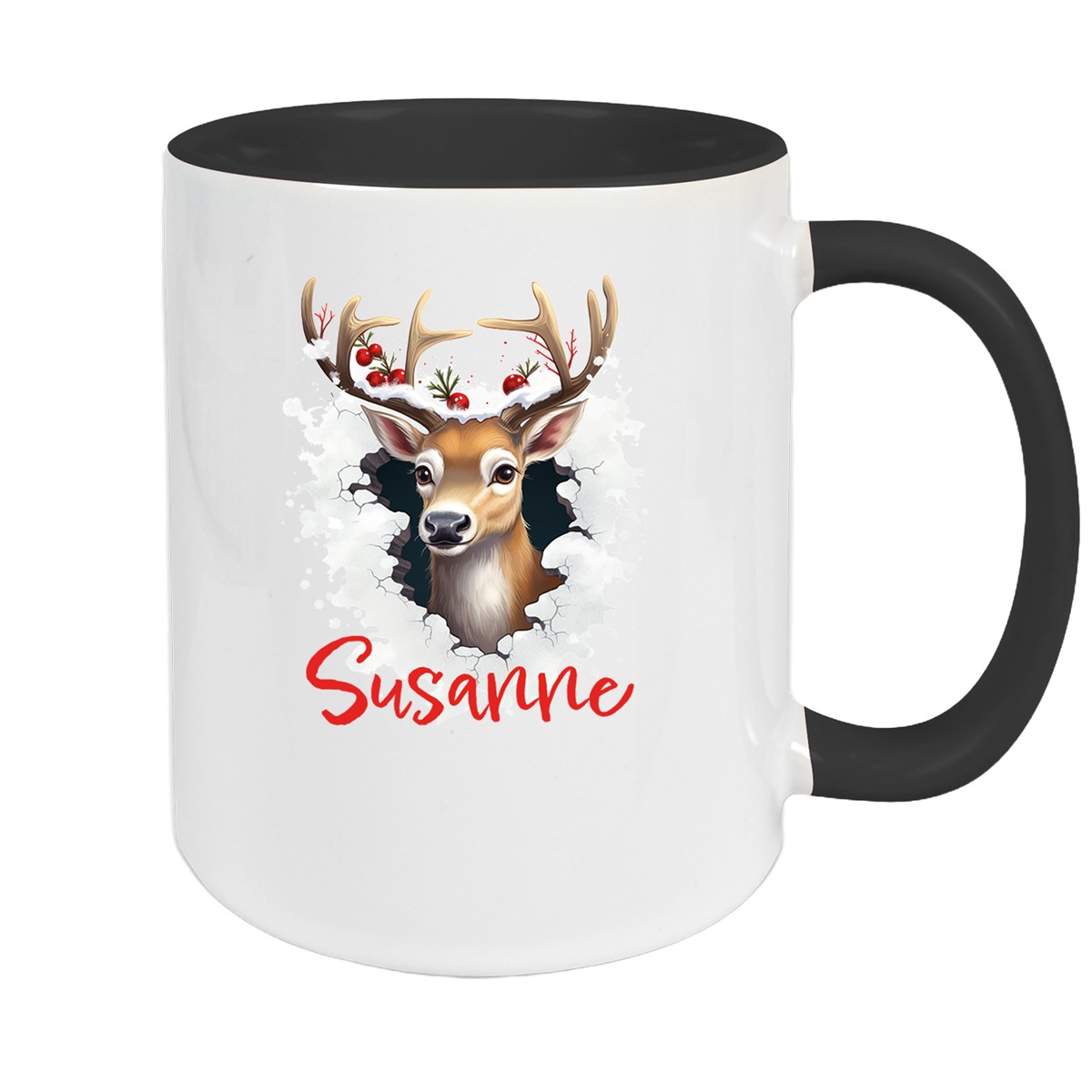 Tasse Wunschname Christmas Rentier #2 Keramik Kinderbecher Schwarz