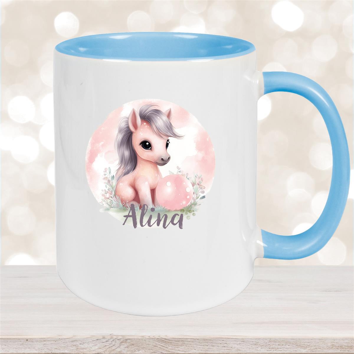 Tasse Pferd #7 Wunschname Keramik Kinderbecher personalisiert Hellblau