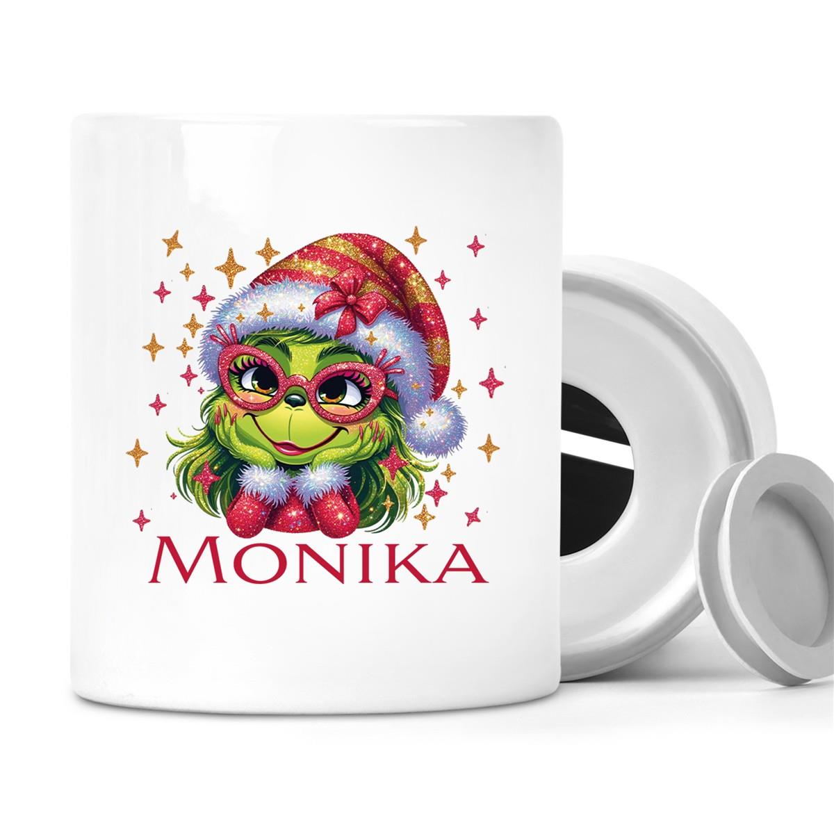 Spardose mit Wunschname Weihnachten Lady-Grinch 1 personalisiert