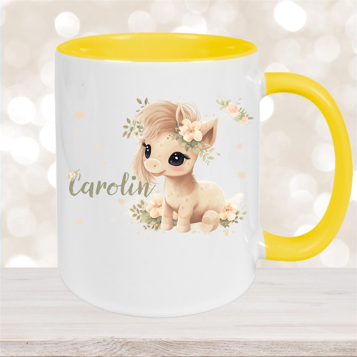 Tasse Pferd #5 Wunschname Keramik Kinderbecher personalisiert Gelb