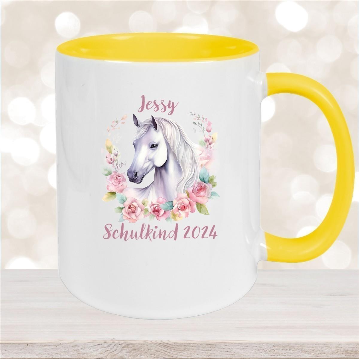 Tasse Schulkind 14 Wunschname Pferd1 Keramik Kinderbecher Personalisiert versch. Farben