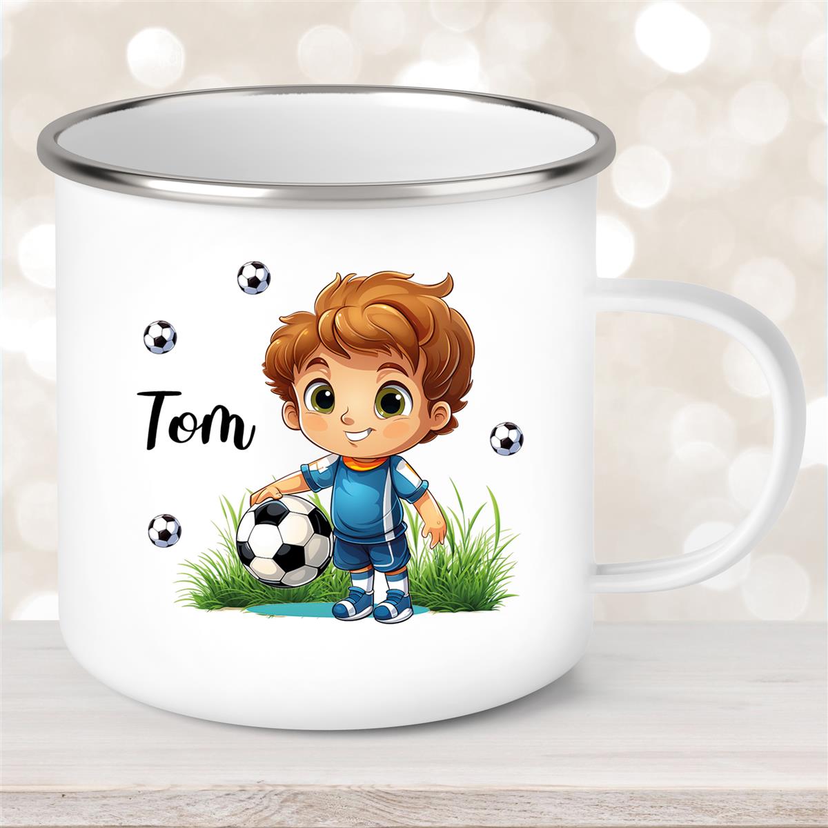 Tasse Fußball #7 Wunschname Emaille Kinderbecher personalisiert