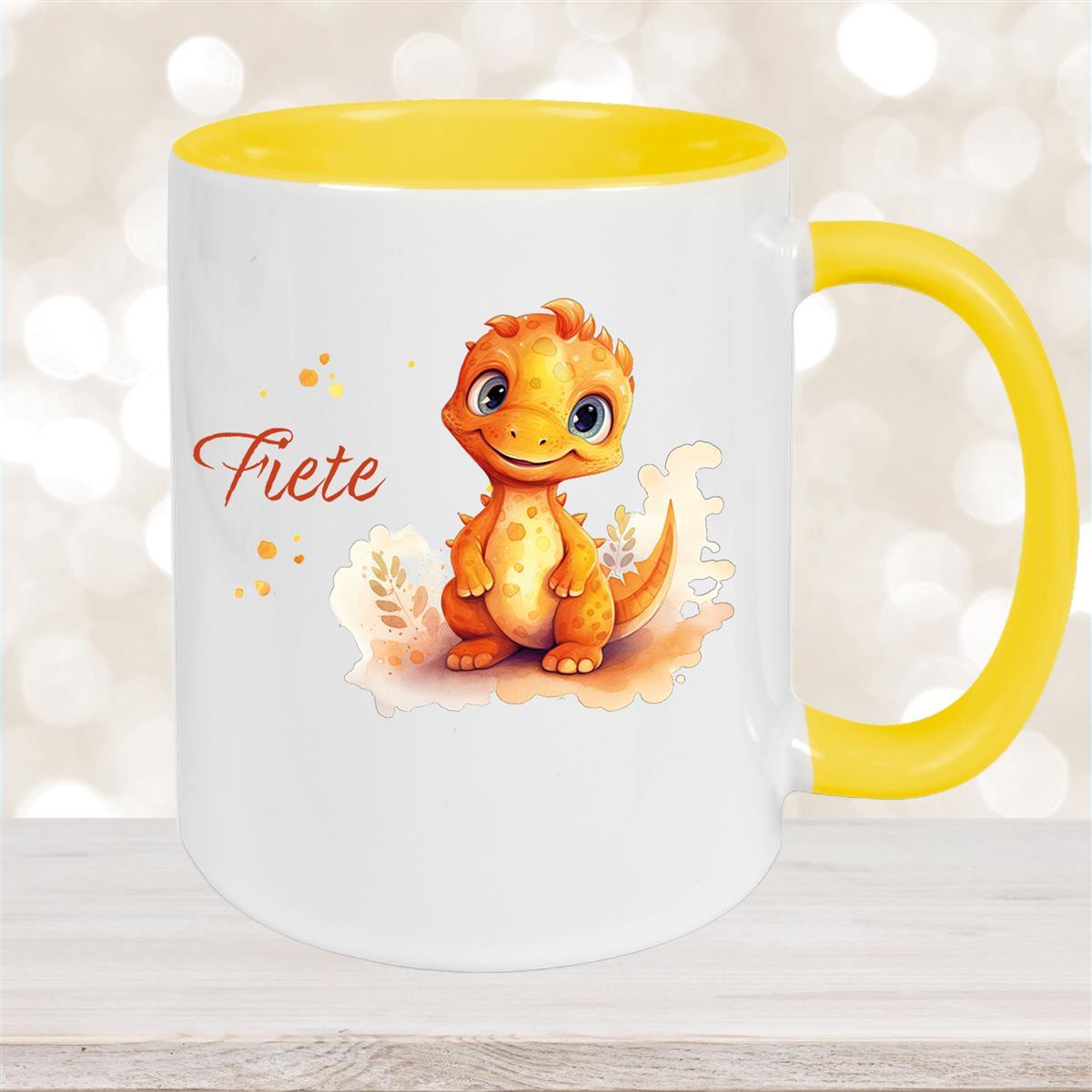 Tasse Dino #10 Wunschname Keramik Kinderbecher Personalisiert Gelb