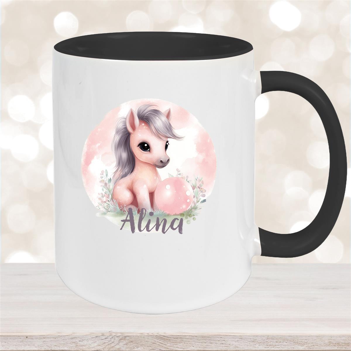 Tasse Pferd #7 Wunschname Keramik Kinderbecher personalisiert Schwarz