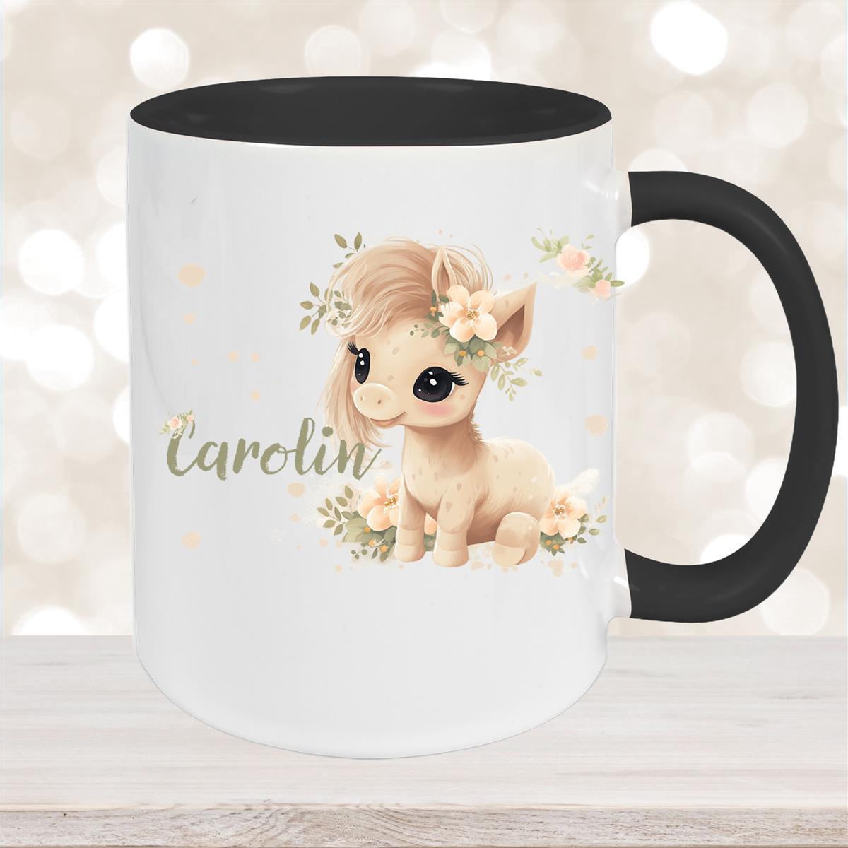 Tasse Pferd #5 Wunschname Keramik Kinderbecher personalisiert Schwarz