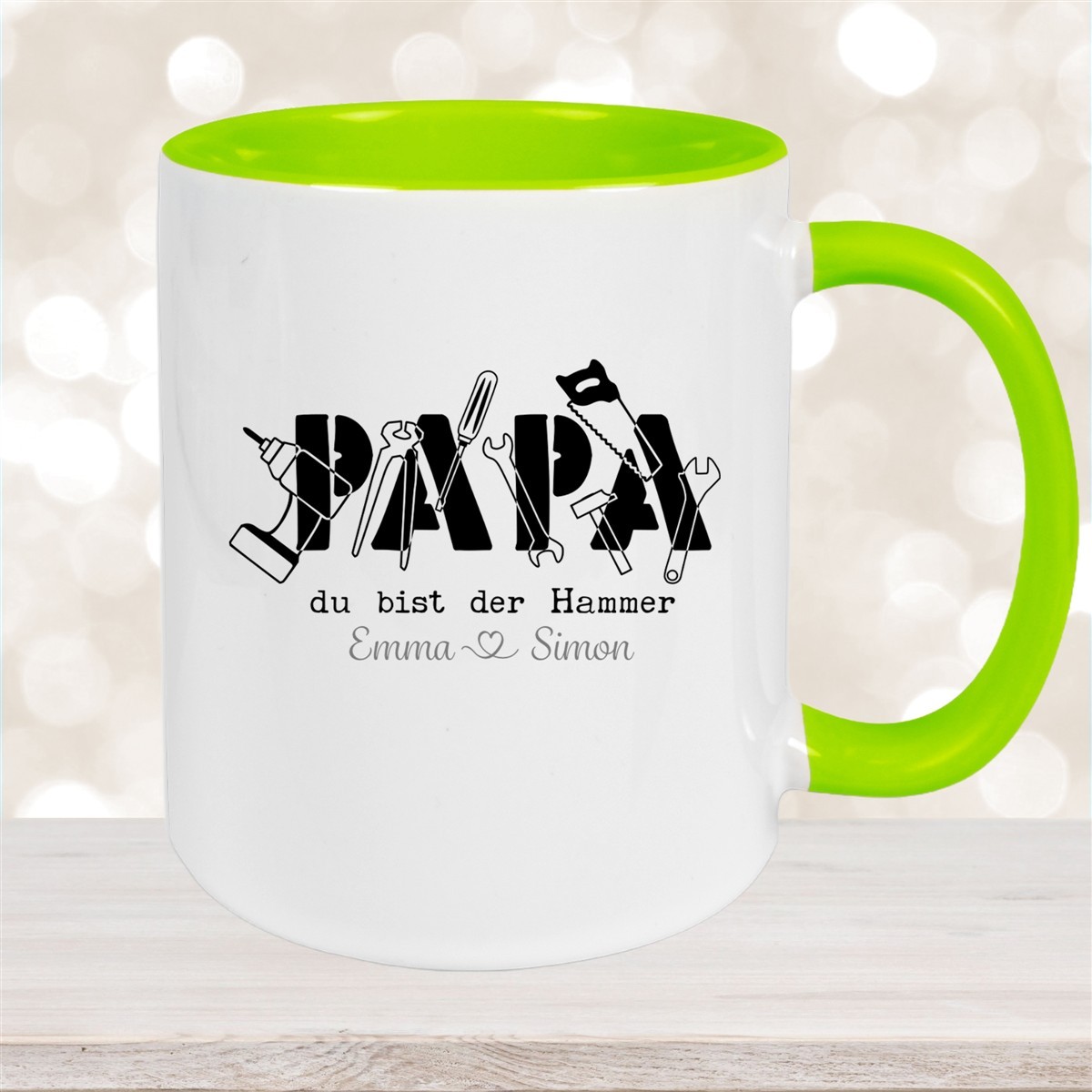 Tasse Vatertag #9 Papa, "Du bist der Hammer" Wunschnamen Keramik Personalisiert Grün