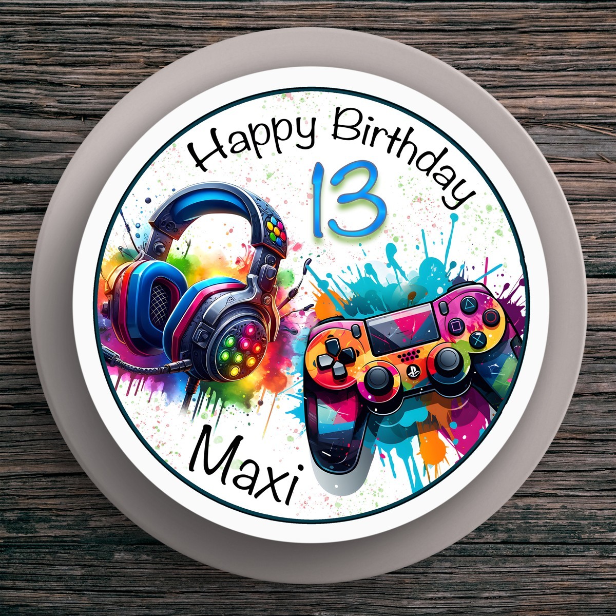 Tortenaufleger Geburtstag Gamer Controller, HeadSet Personalisiert #3 Name & Zahl (20cm) Fondant Papier
