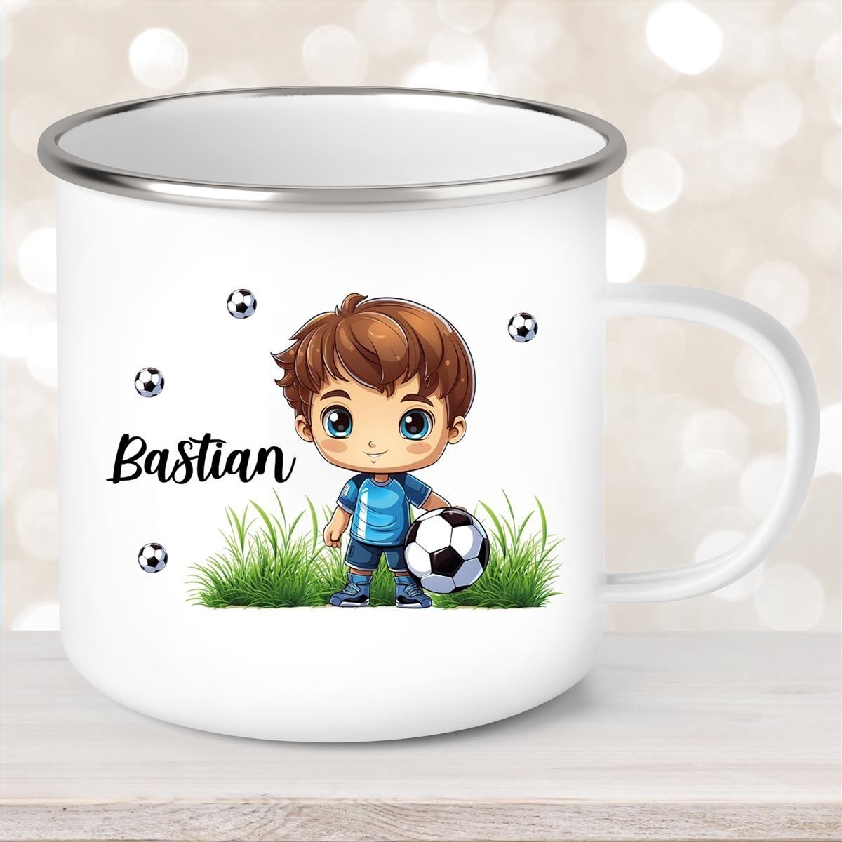 Tasse Fußball #6 Wunschname Emaille Kinderbecher personalisiert Tasse Fußball #6 Wunschname Emaille Kinderbecher personalisiert