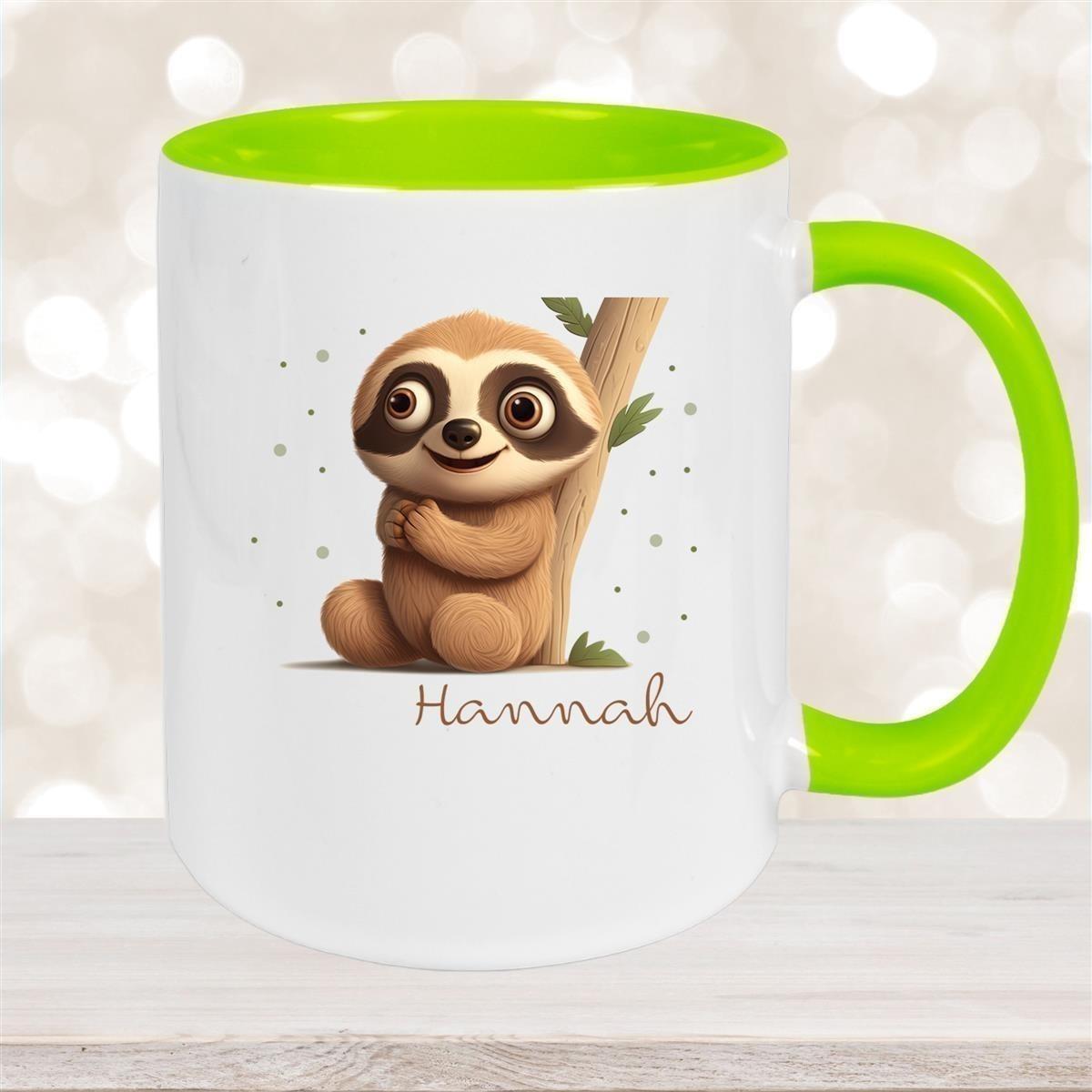 Tasse Wunschname Faultier-Baum Keramik Kinderbecher versch. Farben