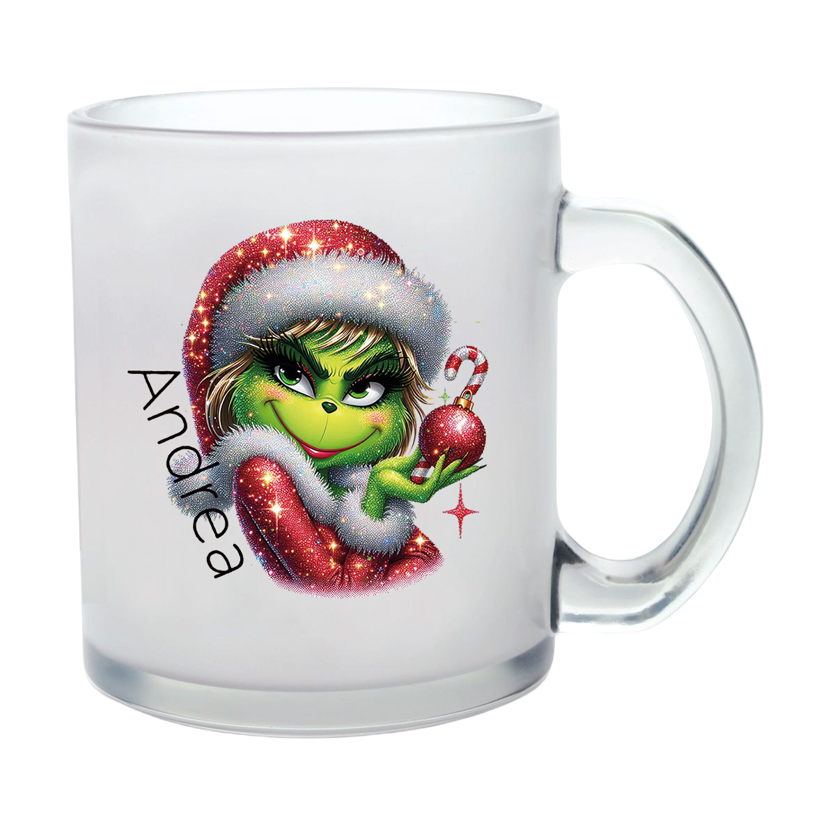 Milchglastasse Wunschname Weihnachten Lady-Grinch #3 Glas Kinderbecher SONDEREDITION