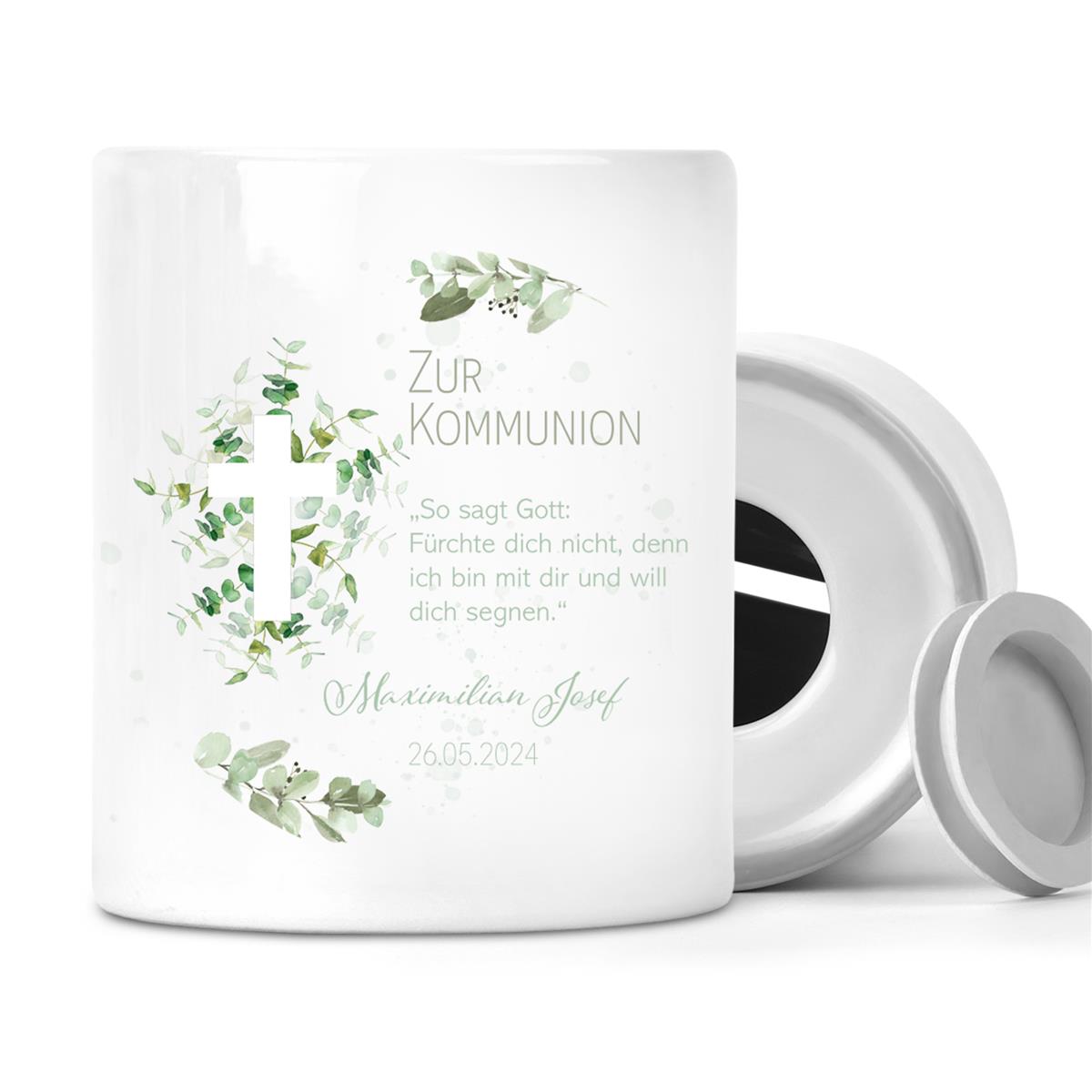 Spardose zur Kommunion mit Wunschname Kreuz 1 Personalisiert