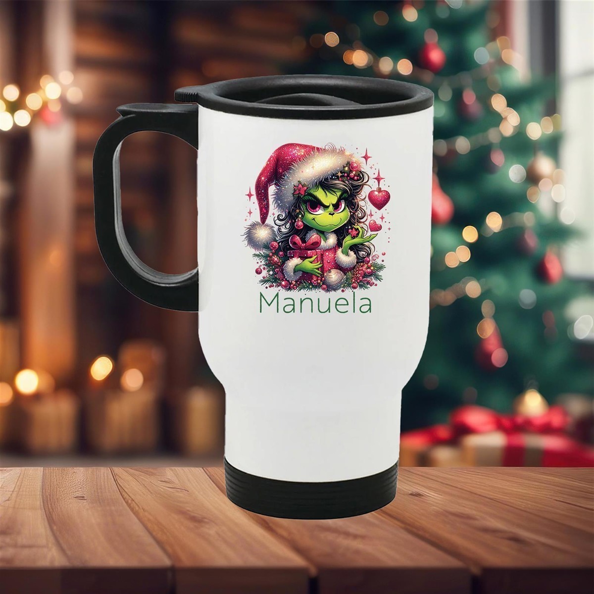 Edelstahl-Thermobecher mit Deckel Weihnachten Lady-Grinch 2# personalisiert weiß Edelstahl-Thermobecher mit Deckel Weihnachten Lady-Grinch 2# personalisiert weiß