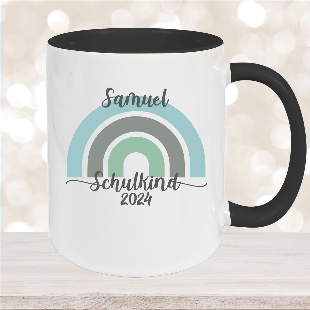 Tasse Schulkind #05 Wunschname Rainbow Keramik Kinderbecher Personalisiert Schwarz