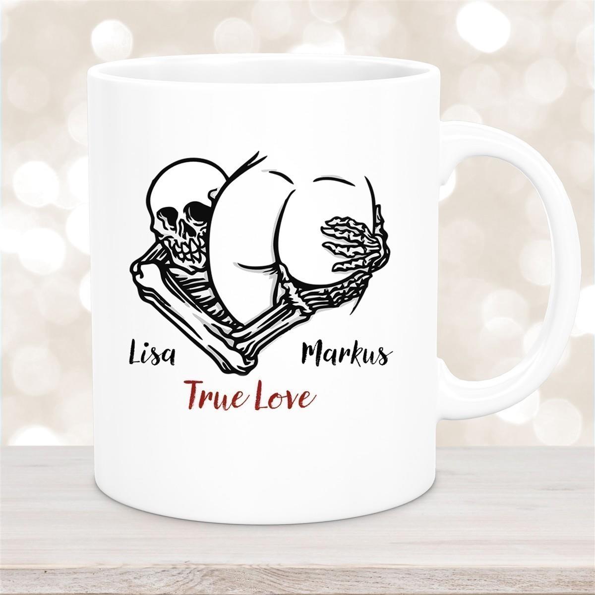 Tasse Totenkopf True Love Valentinstag 7 Wunschnamen Keramik personalisiert versch. Farben