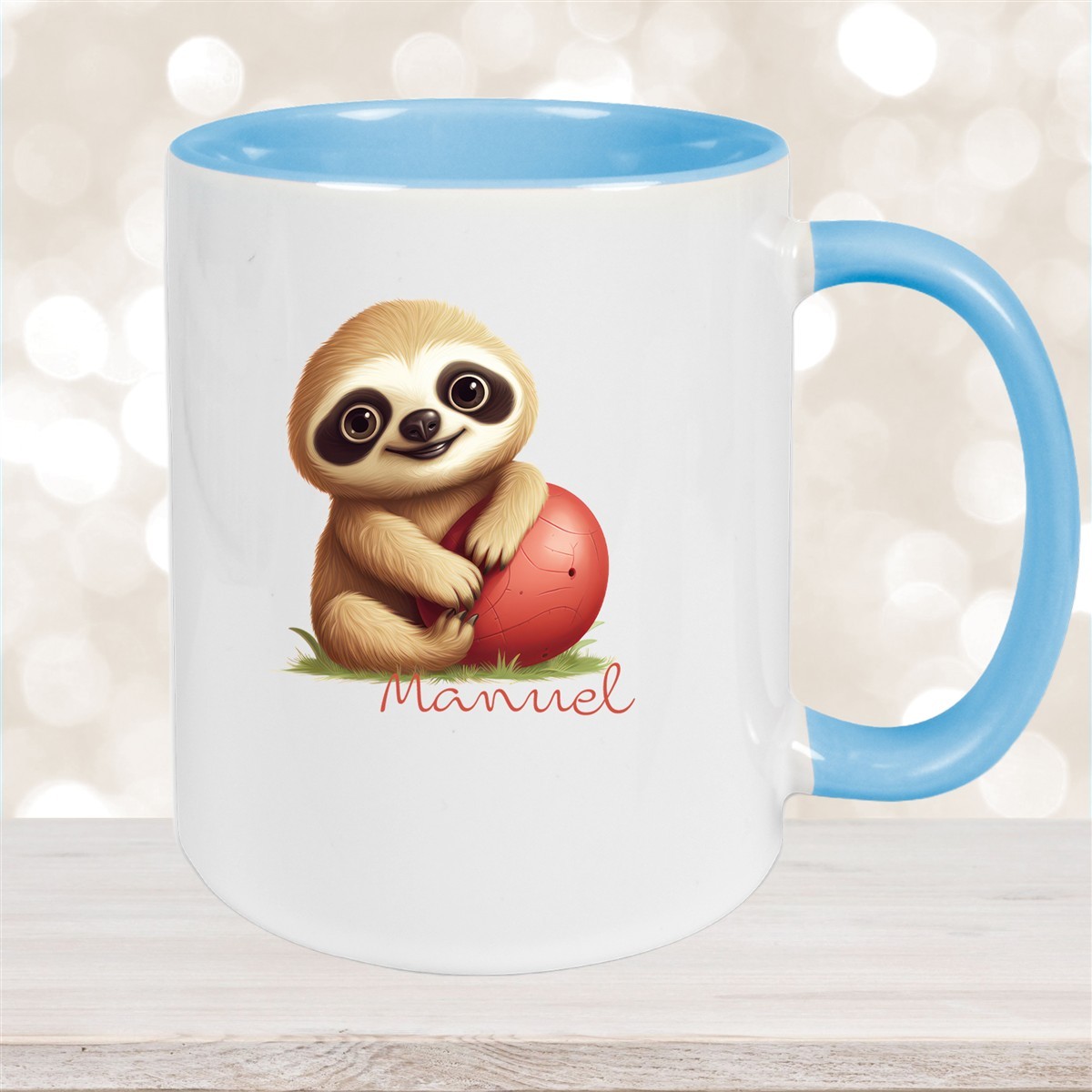 Tasse Wunschname Faultier-Ball Keramik Kinderbecher Personalisiert Hellblau