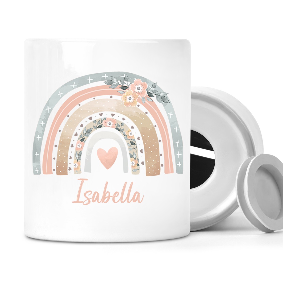 Spardose mit Wunschname Regenbogen 7 personalisiert