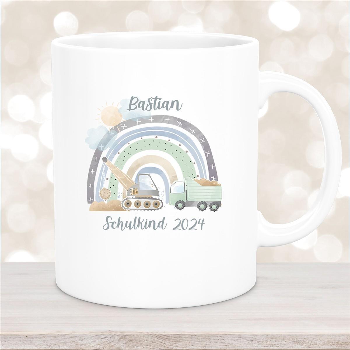 Tasse Schulkind 08 Wunschname Rainbow Baustelle Keramik Kinderbecher Personalisiert versch. Farben