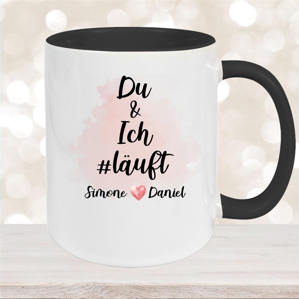 Tasse Spruch "Du & Ich Läuft" Valentinstag 8 Wunschnamen Keramik personalisiert versch. Farben