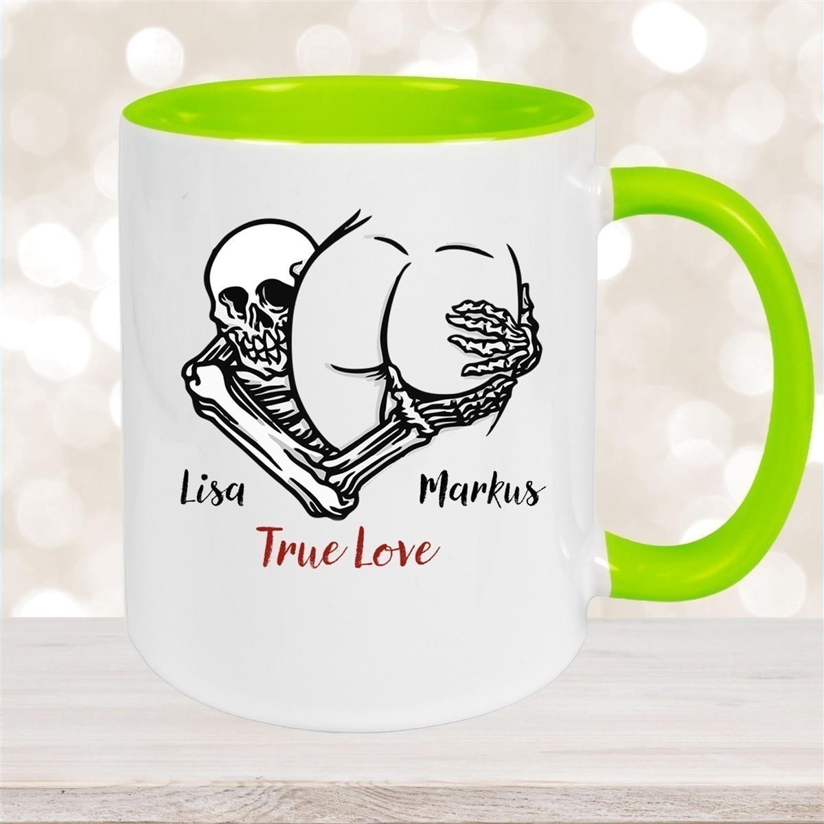 Tasse Totenkopf True Love Valentinstag 7 Wunschnamen Keramik personalisiert versch. Farben