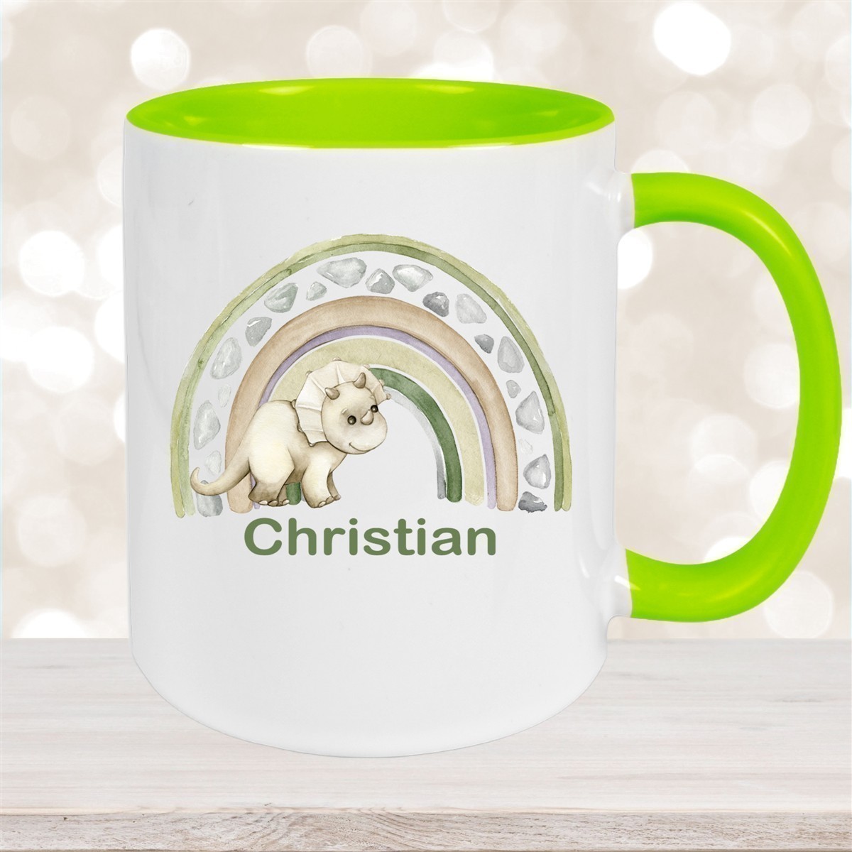 Tasse Wunschname Regenbogen-Dino Keramik Kinderbecher versch. Farben