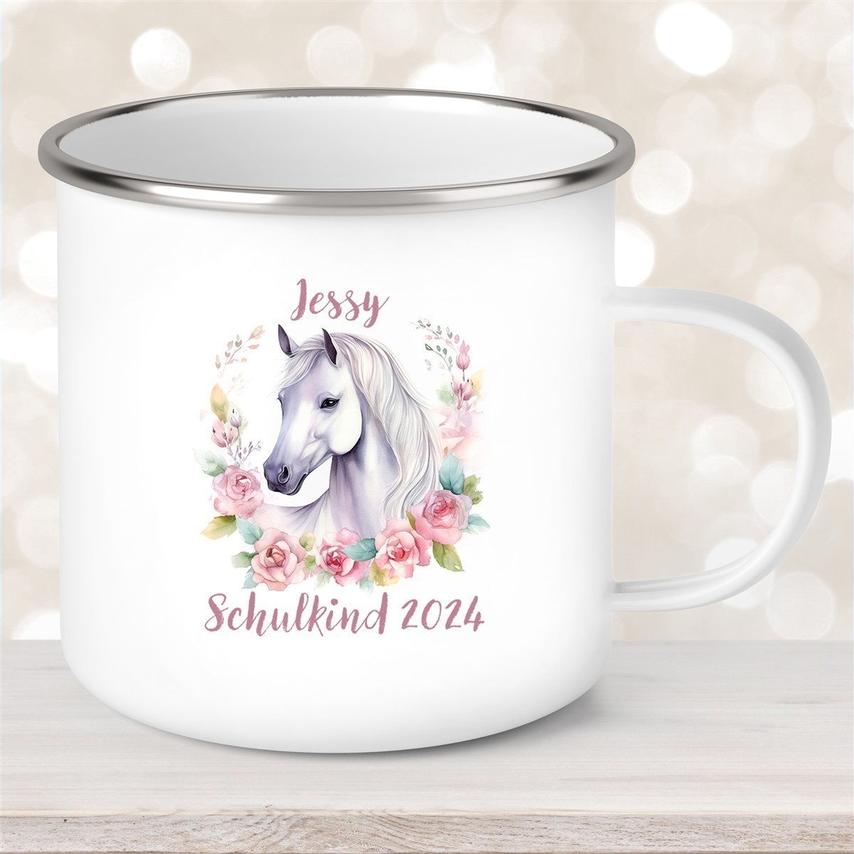 Tasse Schulkind #14 Wunschname Pferd#1 Emaille Kinderbecher Personalisiert