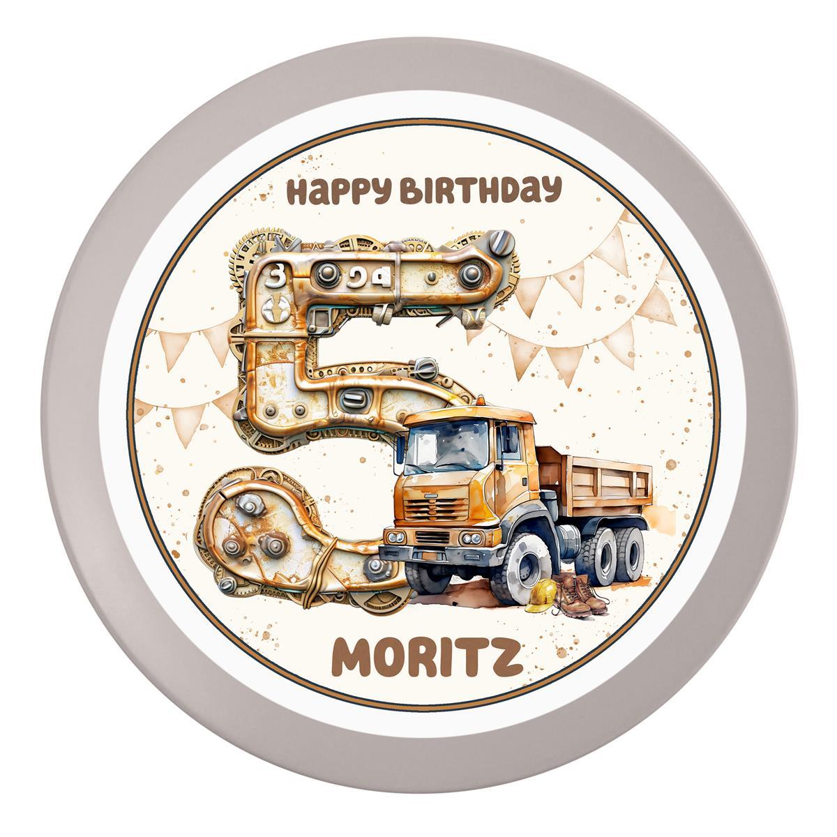 Tortenaufleger Geburtstag Baufahrzeug 3 Kipper Baustelle Name & Zahl (20cm) Fondant Papier