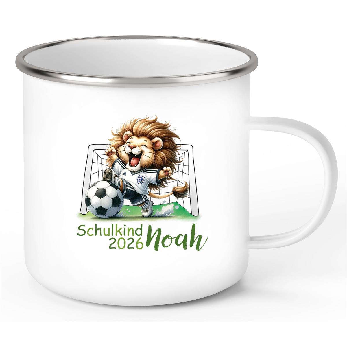 Tasse Schulkind 13 Wunschname Fußball2 Emaille Kinderbecher Personalisiert