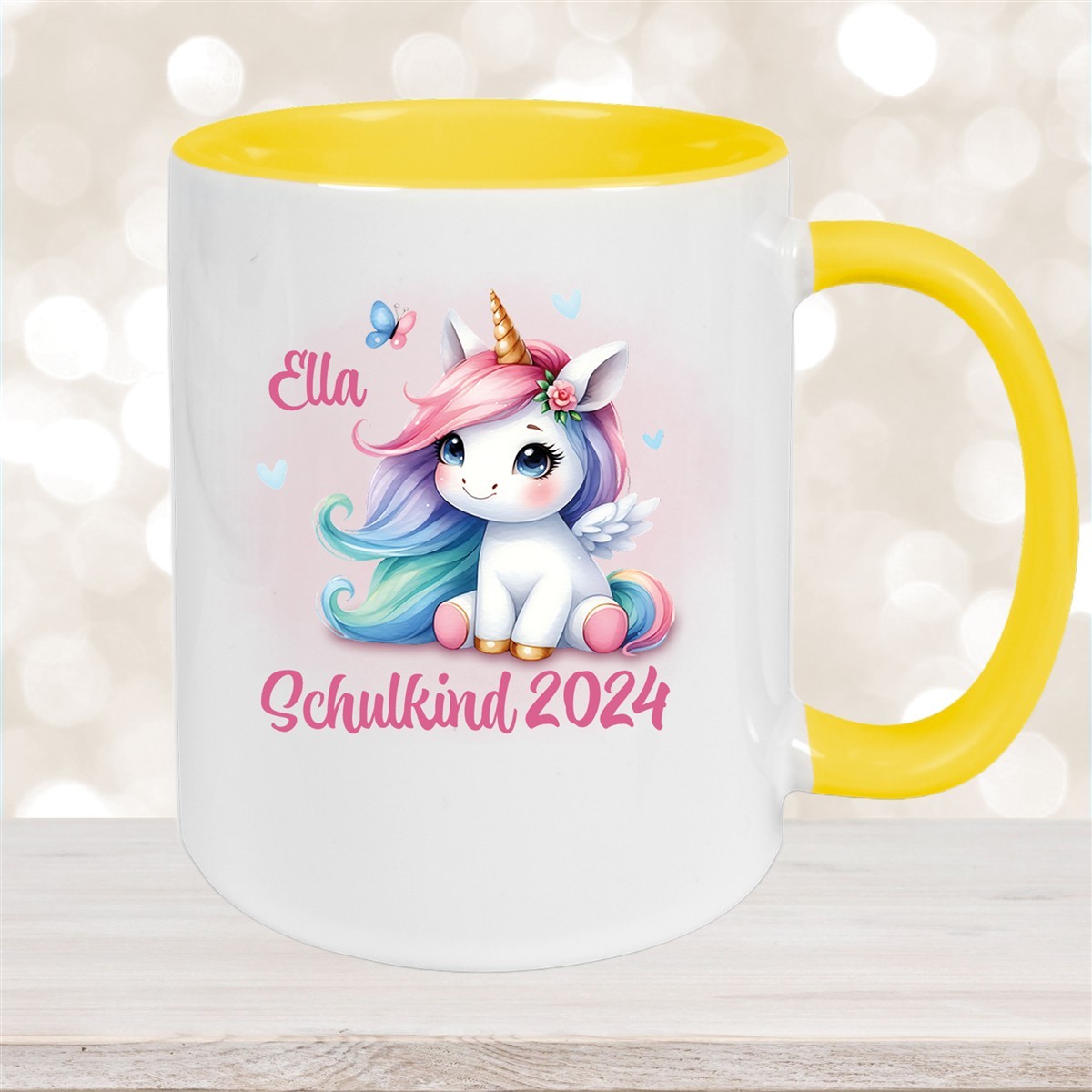 Tasse Schulkind #09 Wunschname Einhorn #2 Keramik Kinderbecher Personalisiert Gelb