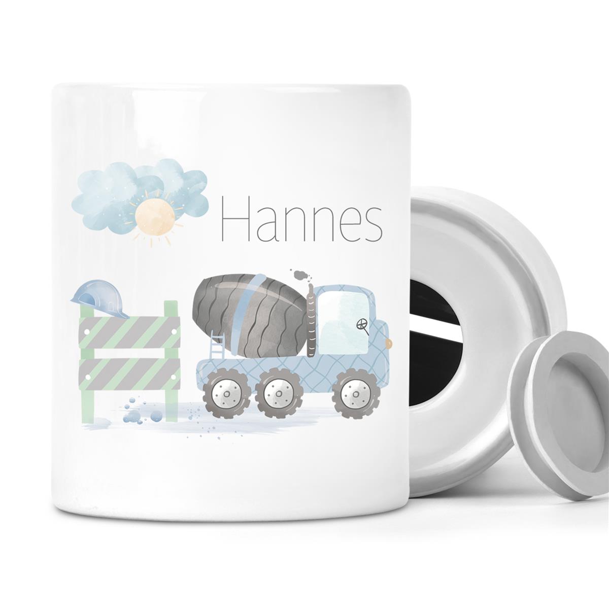 Spardose mit Wunschname Baustelle Betonmischer 1 personalisiert