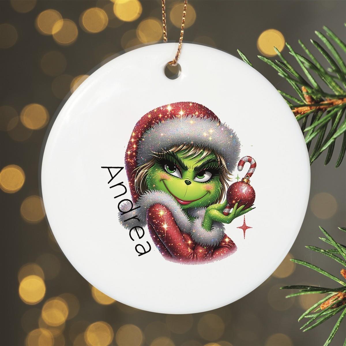 Weihnachtsanhänger personalisiert Lady-Grinch 3 Name Motiv Anhänger Keramik, Weihnachtsschmuck, Weihnachtskugel, Christbaumschmuck versch. Formen