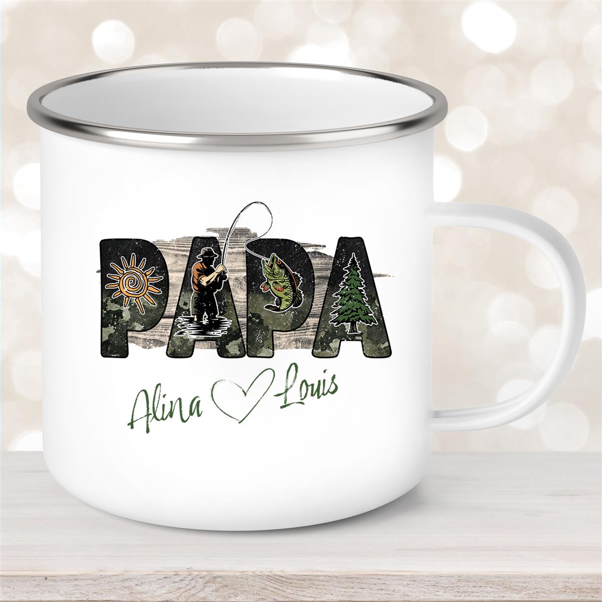 Tasse Vatertag #6 "Angler" Wunschnamen Emaille Personalisiert