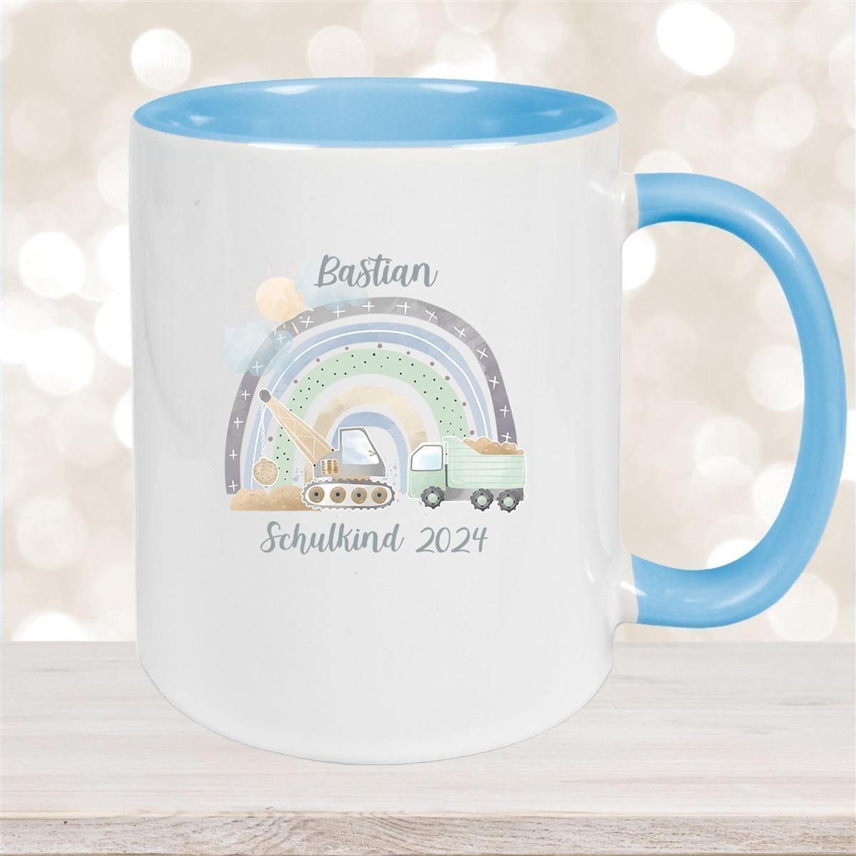 Tasse Schulkind 08 Wunschname Rainbow Baustelle Keramik Kinderbecher Personalisiert versch. Farben