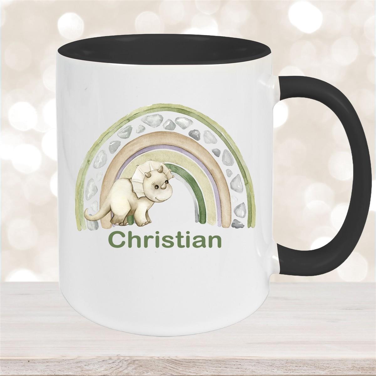 Tasse Wunschname Regenbogen-Dino Keramik Kinderbecher versch. Farben