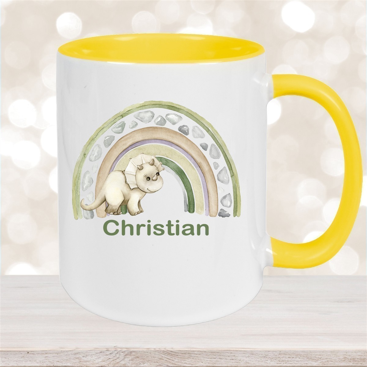 Tasse Wunschname Regenbogen-Dino Keramik Kinderbecher versch. Farben