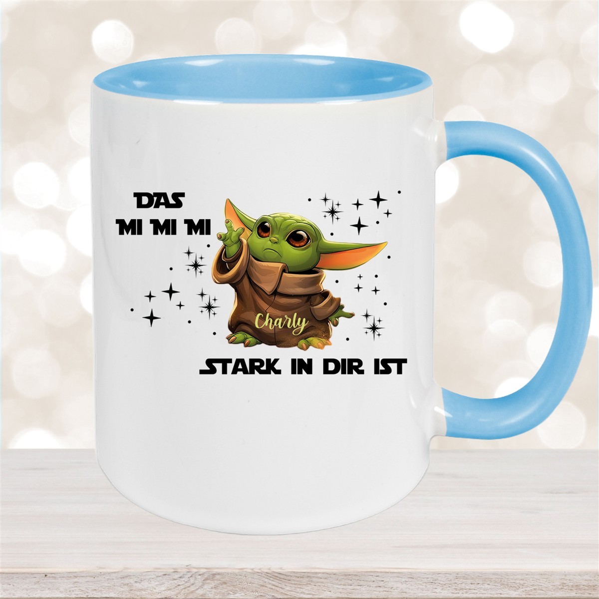 Tasse Wunschname Baby-Yoda #1 Keramik Kinderbecher personalisiert versch. Farben Hellblau