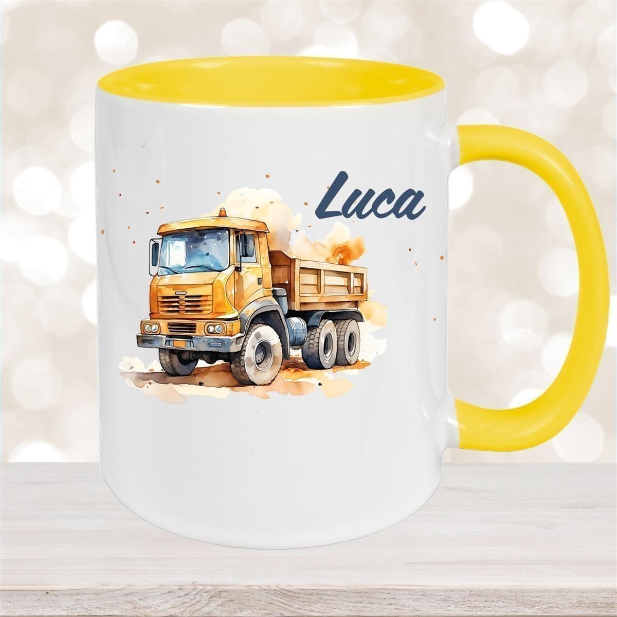 Tasse Wunschname Baustelle Kipper Keramik Kinderbecher versch. Farben