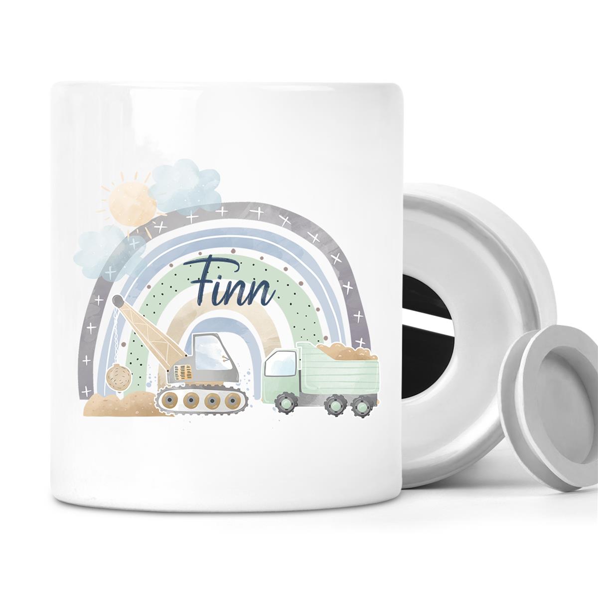 Spardose mit Wunschname Baustelle Regenbogen 1 personalisiert